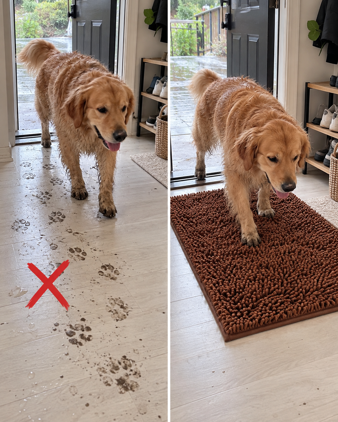 Illustrative side-by-side scenes of a muddy entryway and a dog stepping onto a coffee-brown mat